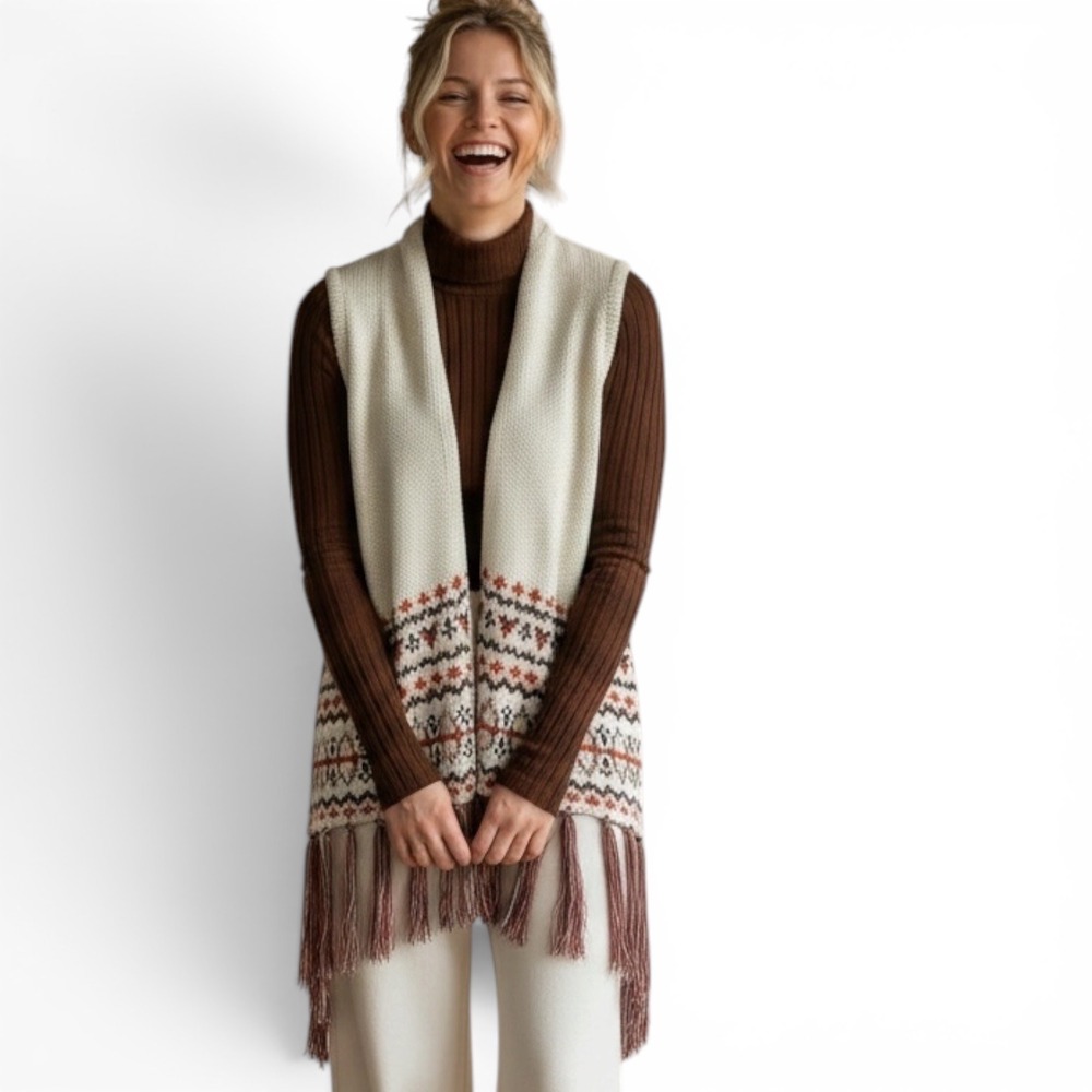 Cream Fair Isle Knit Fringe Vest Southwestern Open Front Sleeveless Cardigan